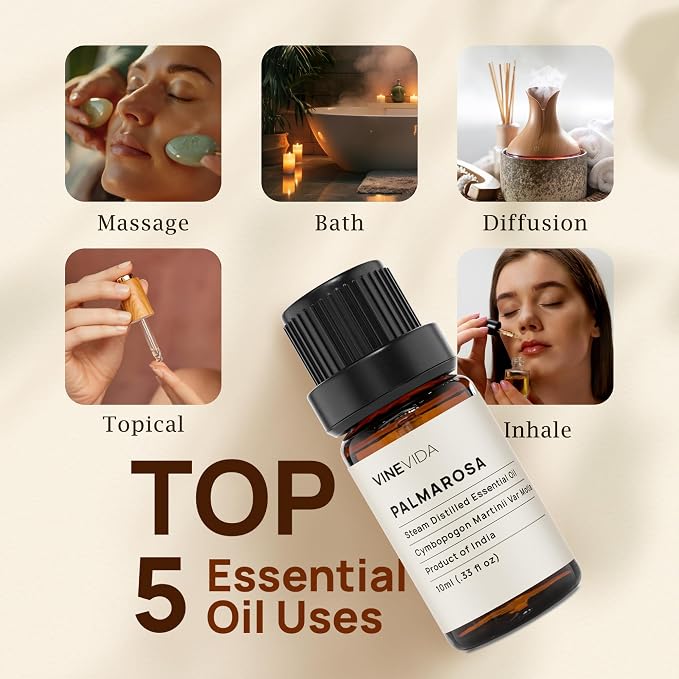 VINEVIDA Palmarosa Essential Oil 10 mL - Undiluted Candle Scent DIY Scents for Candlemaking Soap Making Safe Skin, Pack of 1,0.33 Fl Oz,10 milliliters
