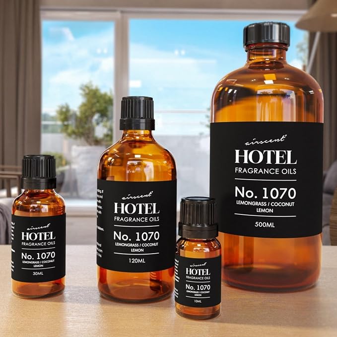 AirScent Hotel Diffuser Oil No. 1070 - Lemongrass Coconut Lemon - Premium Fragrance Oil for Ultrasonic and Waterless Diffusers and Crafting - 30 mL, 1 fl oz Glass Dropper Bottle