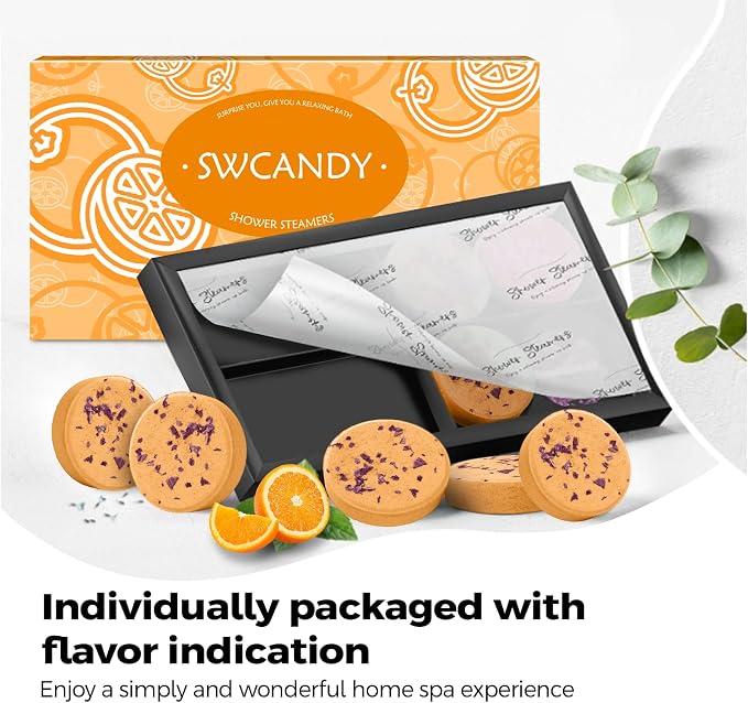 SWCANDY Shower Steamers Aromatherapy Birthday Gifts for Women Travel Essentials, 8 Pcs Orange, Bath Bombs Shower Bombs with Natural Essential Oils, Relaxation Home SPA