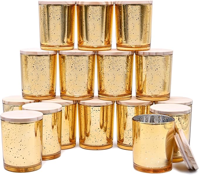 SHOWIN Thick Candle Jars for Making Candles 16 Pcs, 7 OZ Empty Jars with Wood Lids for Candle Making, Sample Container, Gold