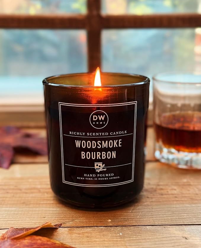 DW Home Woodsmoke Bourbon Candle for Home, 9 oz, Medium Single Wick Candle Jar, Up to 33H Burn Time, Luxury Scented Candle for Relaxation, Gifting, Home Decor