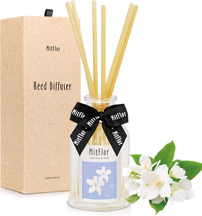MitFlor Jasmine Mint Reed Diffuser, Inspired by Four Seasons, Hotel Home Diffuser Set with Sticks 3.4oz (100ml), Great for Living Room, Bedroom, Bathroom and More