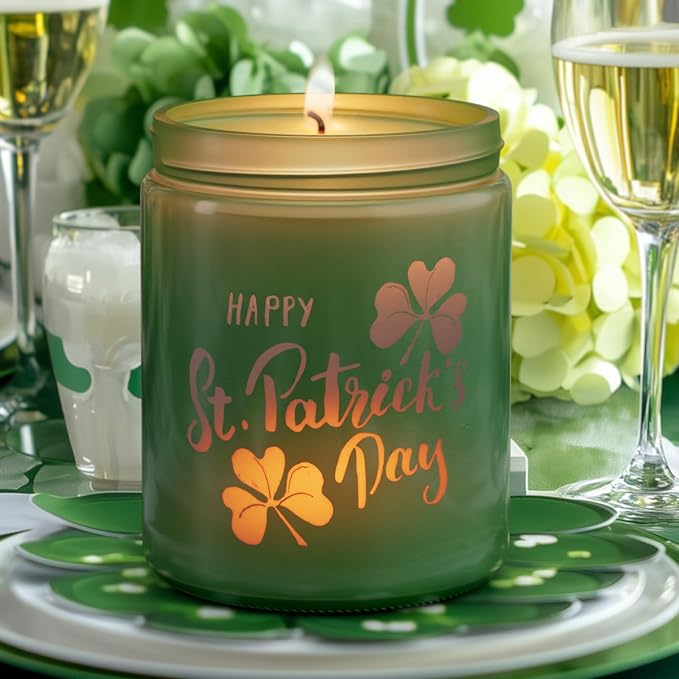 St. Patrick's Day Candle with LED, 100% Soy Wax Jar Candle, Lucky Shamrock Gifts for Friend, Aromatherapy Candles for Women Home, Jasmine Scent Candles,Over 40 Hours of Burn Time
