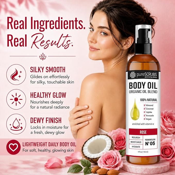pureSCRUBS Ultra Moisturizing Rose Body Oil for Dry Skin, Lightweight Full Body Moisturizer for Soft, Silky Skin, Massage & Cuticle Oil, Vitamin E Enriched, 4 oz
