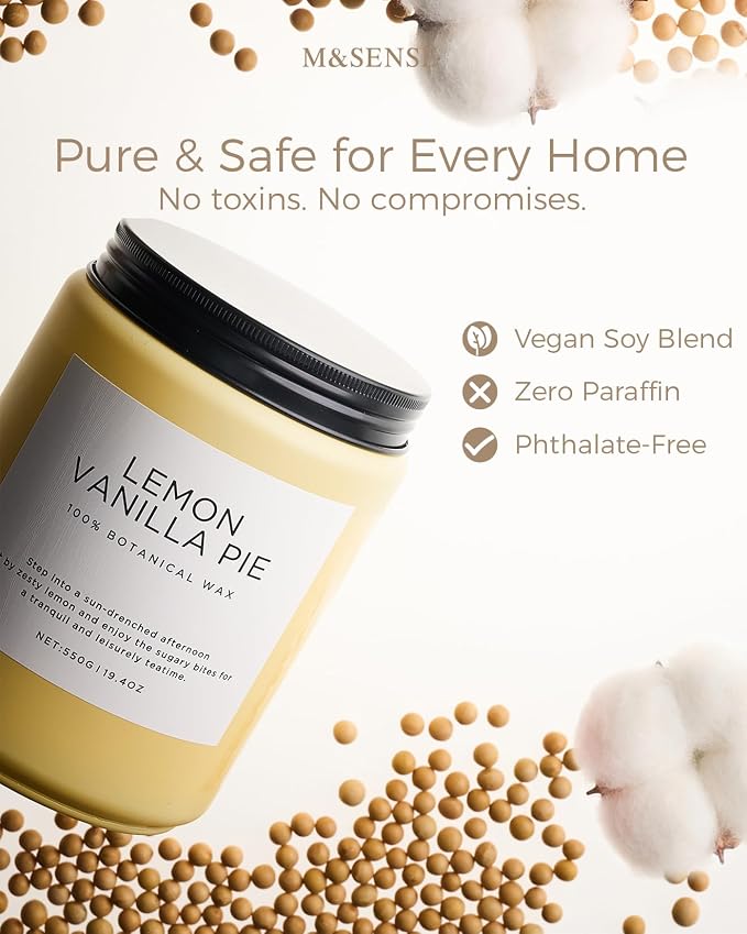 M&SENSE Lemon Vanilla Home Scented Candles, 19.4oz Organic Soy Wax, 110-Hour Clean Burning, Natural Candles Non Toxic, Citrus Scent for Relaxation, Aromatherapy Housewarming Gift for Men Women