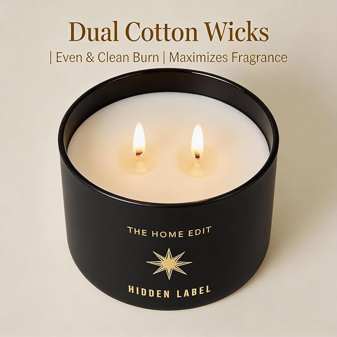 Hidden Label Black Oud Pepper Soy Candle, 10oz 2-Wick, 45H Bold Spice | Strong Masculine Aromatherapy | Non-Toxic Phthalate-Free | Even Melt No Tunneling | Luxe Reusable Glass Gift
