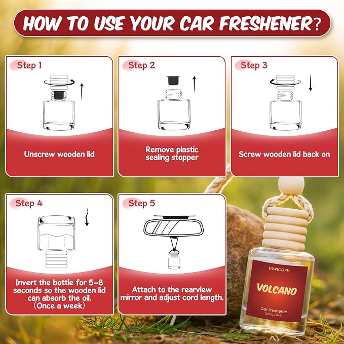 Premium Car Air Freshener Diffuser Set (2 Pack) - Volcano Fragrance Oil, 45+ Day Long-Lasting Hanging Auto Freshener