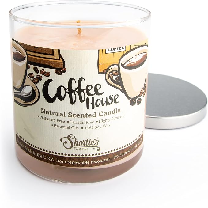 Coffee House Scented Natural Soy Candle, Essential Fragrance Oils, 100% Soy, Phthalate & Paraben Free, Clean Burning, 9 Oz.