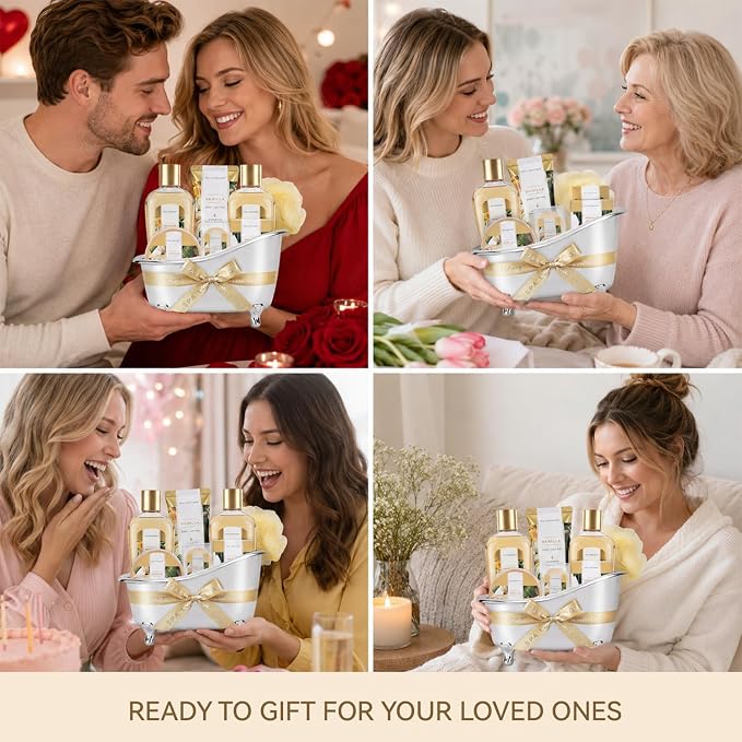Gift Baskets for Women, Spa Luxetique 8 Pcs Vanilla Mothers Day Gifts for Mom, Birthday Bath and Body Set, Self Care Kit for Her, Including Bubble Bath, Shower Gel, Body Lotion