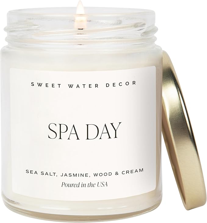 Sweet Water Decor Spa Day Soy Candle - Sea Salt, Jasmine, Wood and Cream Scented Spring Candles for Home - 9oz Clear Jar + Gold Lid, 40+ Hour Burn Time, Made in The USA