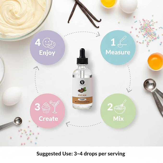 Dolce Flav Natural Pecan Extract – Concentrated Flavoring for Baking, Candy Making & Beverages – Water Soluble Liquid Flavor Drops – Professional Strength Food Grade Flavoring – 2 Fl Oz