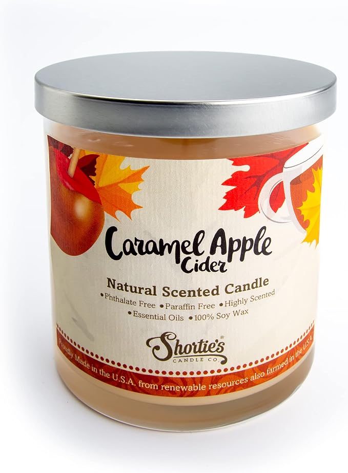 Caramel Apple Cider Scented Natural Soy Candle, Essential Fragrance Oils, 100% Soy, Phthalate & Paraben Free, Clean Burning, 9 Oz.