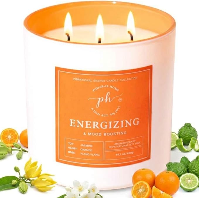Extra Large Candle – Energizing & Mood Boosting | Orange & Bergamot Ylang Ylang | 14.1 oz (400g) 60 Hours Burn time| Vegan, Clean Burn | Uplift Mood & Confidence