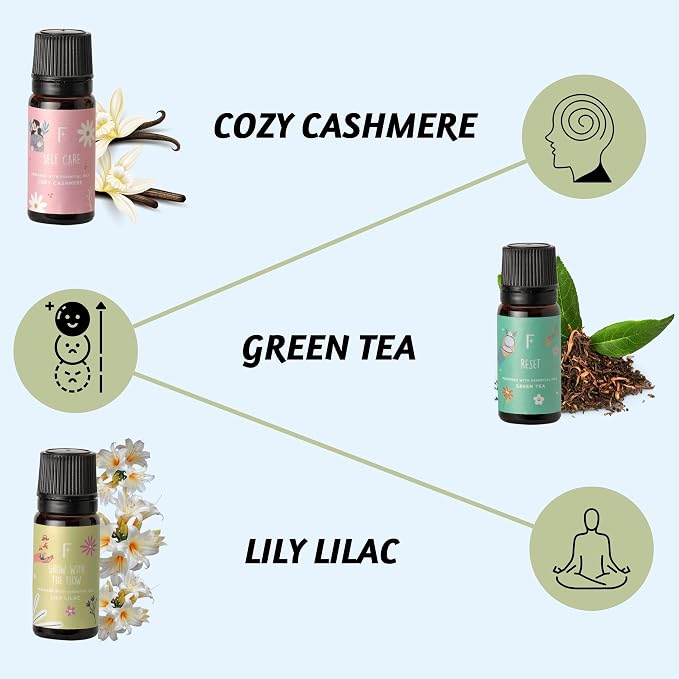 Folkulture Essential Oils Set | 6 Relaxing Fragrance Oils for Diffusers | Green Tea, Cashmere, Ocean Salt | Aromatherapy Gift Set for Her, Him | Graduation Gifts | Self-Care Lovers | Self Love Club