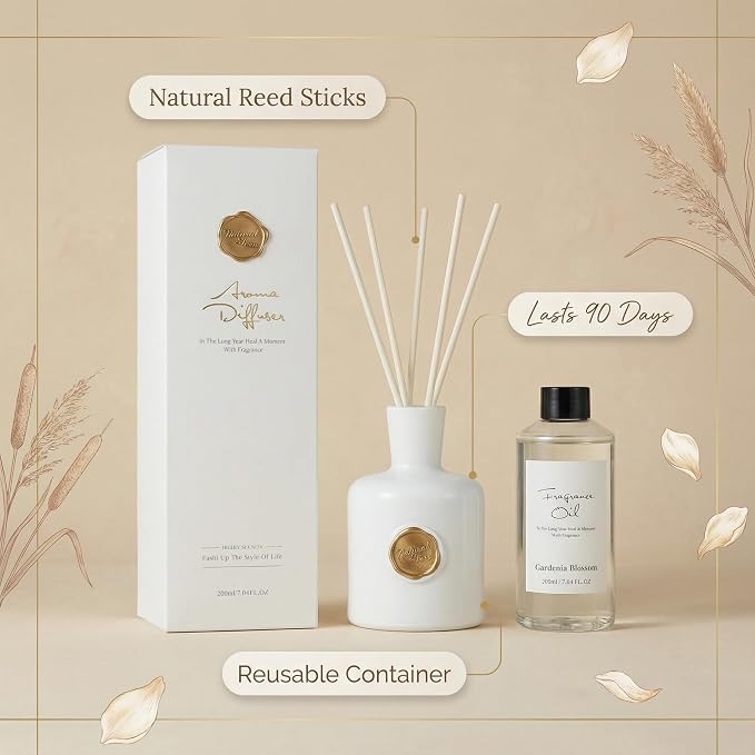 Reed Diffuser Set-Gardenia-Strong Scent, Long-Lasting Evaporation with Natural Reed Sticks & Essential Oils, Elegant Fragrance for Bathroom Bedroom Office Decor Air Fresh-Ideal Gifts