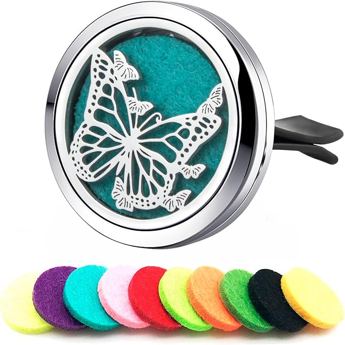 Butterfly 30mm Essential Oil Diffuser with Vent Clip, 10 Soft Felt Pads Fresh Scent for Commuters