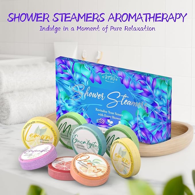 Shower Steamers Aromatherapy 8 Pack - Natural Essential Oil Shower Bombs for Self Care, Relaxation Birthday Gifts for Women and Men. Azure Floral Style