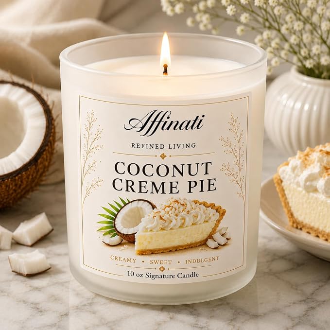 Affinati Coconut Creme Pie Scented Candle – 10 oz Luxury Soy Blend Candle for Home, Strong Scent Throw Sweet Rich Dessert Gourmand Bakery Candle, Premium Luxury Gift