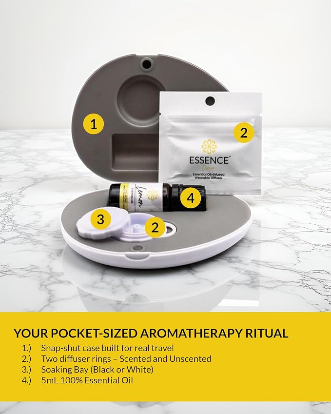 Essence Pearl Travel Case | Lemon Essential Oil | Aromatherapy Nasal Diffuser & Essential Oil Carrying Case | Uplifting Lemon Oil Scent | Travel-Friendly Kit | White Pod