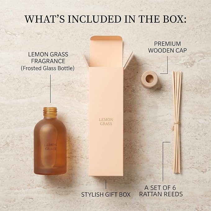 Reed Diffuser Set 6.7 oz Scented Oil Diffuser with 6 Fiber Sticks, Long Lasting Home Fragrance for Bathroom Shelf Decor, Living Room, Office Aromatherapy Gift 01 (Lemon Grass)
