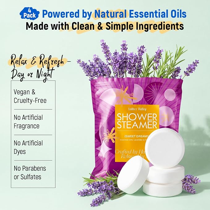 Shower Steamers Aromatherapy, 100% Natural Essential Oils, Sleep Comfort & Inner Calm, Bedtime Spa Gifts for Women, Men, Self-Care Gifts for Valentine’s Day & Mother’s Day, Lavender & Rosemary, 4 Pack