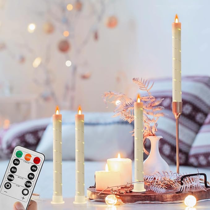 3 Pcs Flameless Taper Candles, Battery Taper Candles Flickering Flame with Embedded Star String, Outdoor Candle Sticks, Timer Function Ideal for Weddings, Anniversaries, Birthday Party(Ivory)