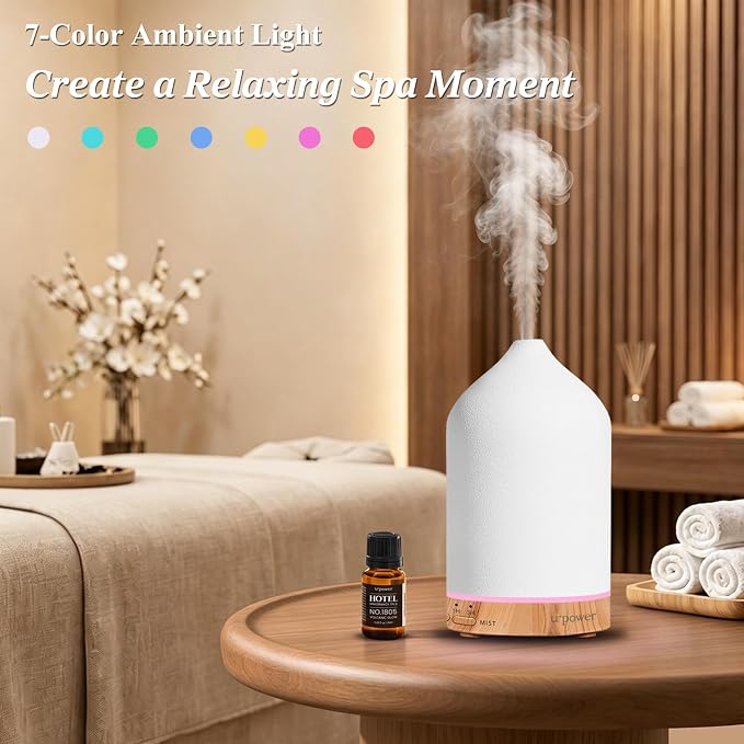 URPOWER 180ML Ceramic Essential Oil Diffuser, Ultrasonic Aromatherapy Diffuser with 7-Color Lights, Auto Shut-Off, Quiet Oil Diffuser for Bedroom, Home Office