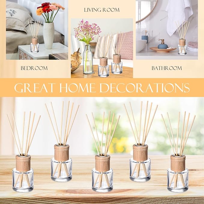 Roshtia 10 Set Reed Diffuser Bottle Empty Refillable Fragrance Glass Diffuser Bottles Set with Wooden Caps Sticks 50ml 1.7 oz Round Glass Jars for DIY Fragrance