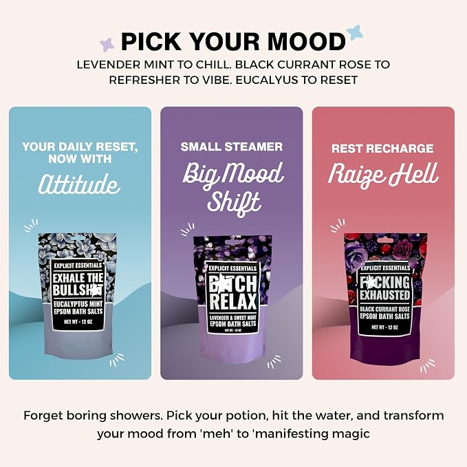 Explicit Essentials Bath Salts Gift Set | 3 Relaxing Epsom Salt Bath Soaks | Aromatherapy Epsom Salt Variety Pack for Stress Relief, Muscle Recovery & Self-Care Gifts