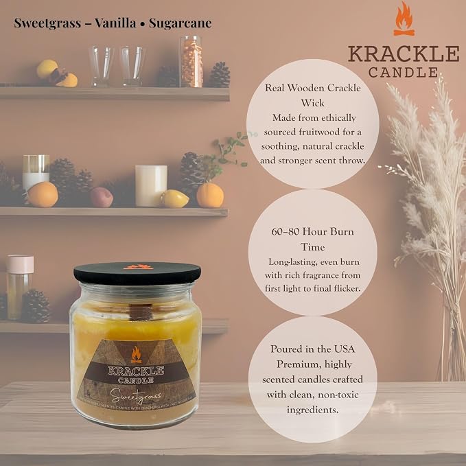 Krackle Candle | Sweetgrass | 16 oz Scented Candle with Natural Crackling Wooden Wick | Poured in the USA | Vanilla & Sugarcane Fragrance