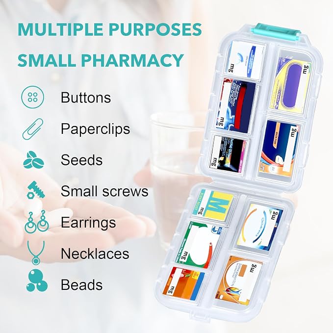 Large Pill Organizer Travel with 189 Medicine Labels, 10 Compartments Travel Medicine Organizer Travel Pill Box Purse Pill Case Compact Pill Organizer Pill Container (White, 1 Pack)