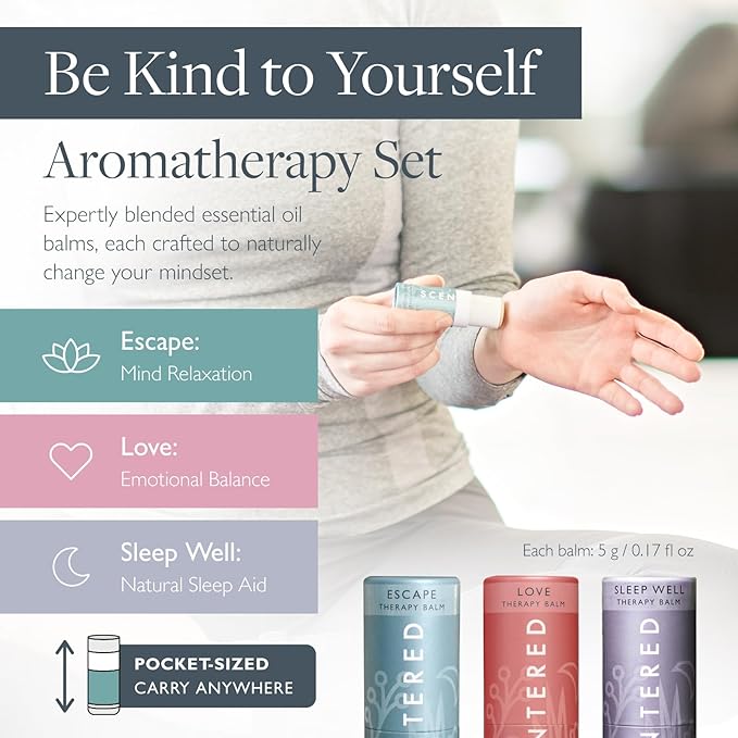 Scentered Aromatherapy Balm Gift Set - Be Kind to Yourself (Pack of 3) - Sleep Well, Escape, Love - Lavender, Cedarwood, Ylang Ylang Essential Oils - Relaxing Gifts for Women