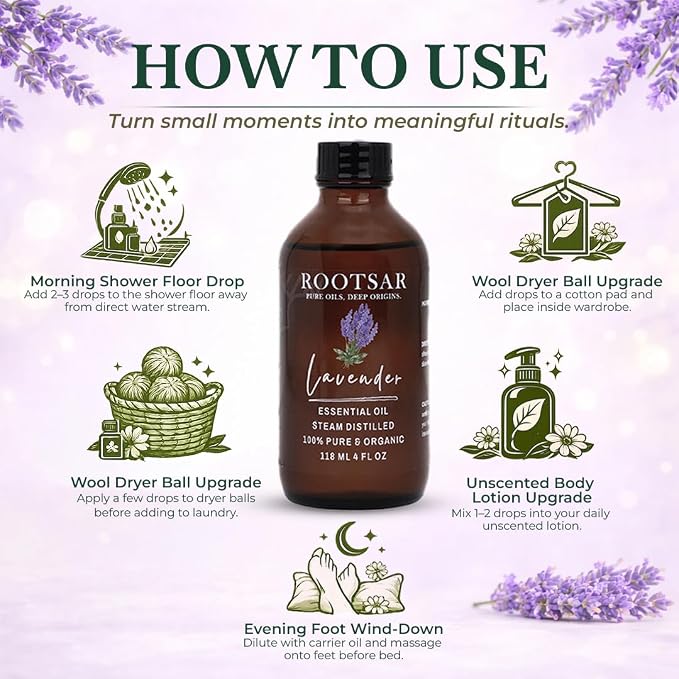 Lavender Essential Oil – 100% Pure Organic Lavender Oil, Steam Distilled, 4 FL OZ / 118 ML – Premium Essential Oil for Diffuser, Aromatherapy, Massage, Skin Care, Candle & Soap Making