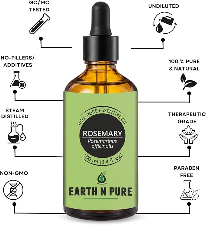 Earth N Pure Rosemary Essential Oil for Hair Growth, Natural & Therapeutic Grade with Glass Dropper - 100 ml