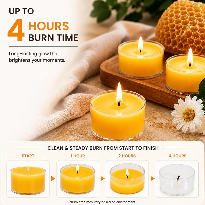Beeswax Tea Candles 12 Pack, Non Toxic Bees Wax Tealight Candle for Home with 4 Hour Burn Time, Natural Tea Light Bulk for Emergency, Organic Yellow Candle for Relaxing, Meditation