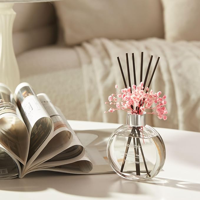 Flower Reed Diffuser Set 5.07oz Sandalwood Rose Scent Diffuser with Sticks Home Fragrance Reed Diffuser for Bathroom Shelf Decor