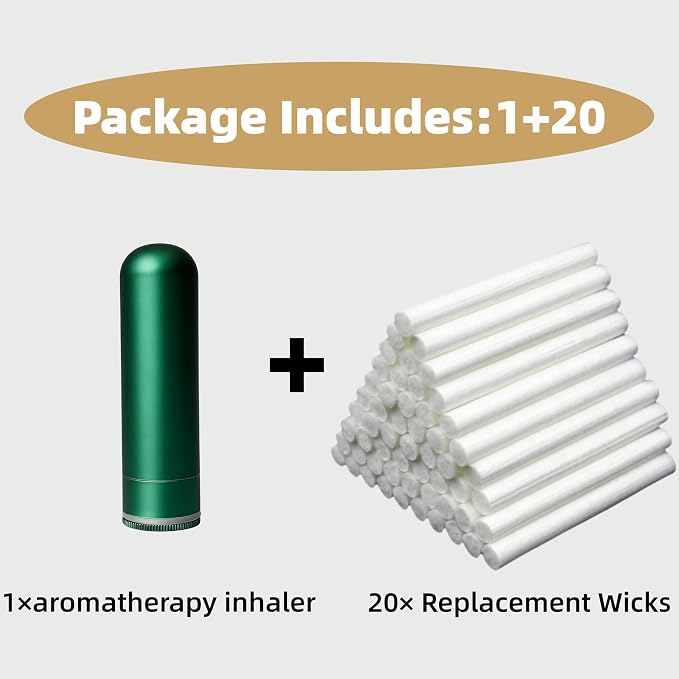 Aromatherapy Inhaler, Metal Essential Oil Diffuser with Leak-Proof Seal & Cotton Wick Holder, Refillable Nasal Stick for Anxiety, Allergies, Travel - 20 Wicks Included (Green)