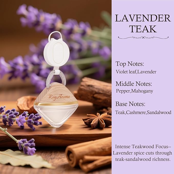 Royaroma Long Lasting Car Air Freshener | Non-Toxic Hanging Car Diffuser with Adjustable Rope | Plant-Based Essential Oil Scent for Cars Freshener | Teak
