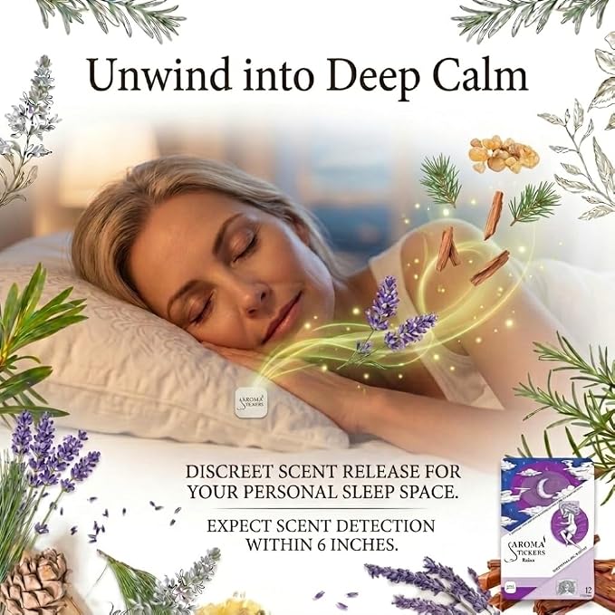 AROMA STICKERS® Original Blend Relax Edition - 100% Natural Essential Oil Scented - Diffuser Stickers for Personal Space - Lavender/Relaxing $ Sleeping (Pack of 3, Total of 36 Stickers)