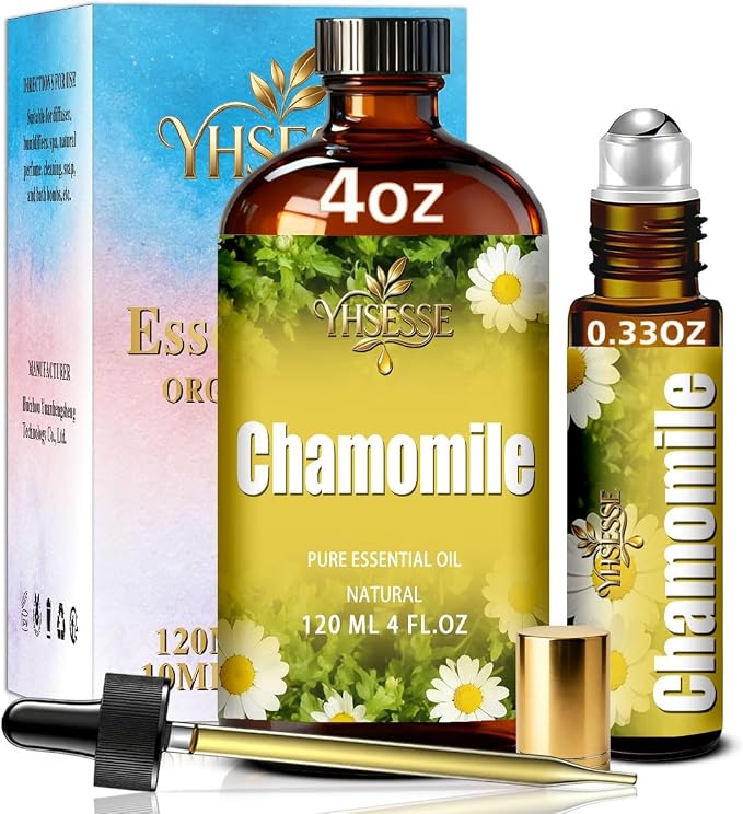 Chamomile Essential Oil, Chamomile Oil 4 Fl Oz 120ml for Diffuser Yoga Soap & Candle Making – with 0.33 Oz Roller Ball & Dropper YHSESSE Essential Oils