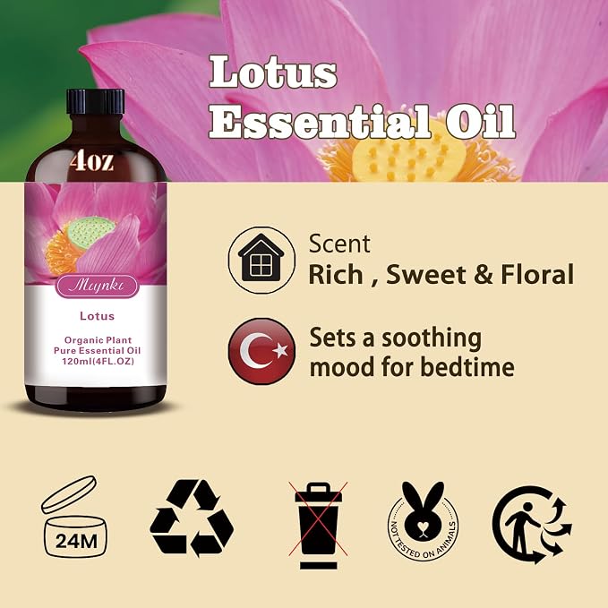 Lotus Essential Oil, Lotus Oil for Meditation, Diffuser, Humidifier, Massage, DIY Candle, Soap, Yoga, Relaxation, Gift Ready,Lotus Fragrance Oil - MLYNKL Essential Oils (4.33 fl oz / 130ml)