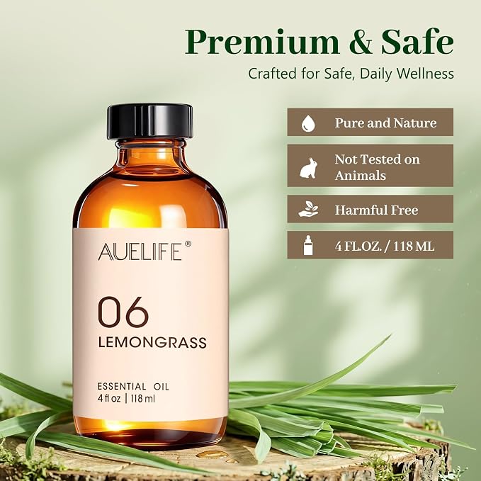Auelife Lemongrass Essential Oil, 4 Fl Oz Diffuser Oil for Home Fragrance,Candle & Soap Making, Room Spray DIY, Glass Bottle with Dropper