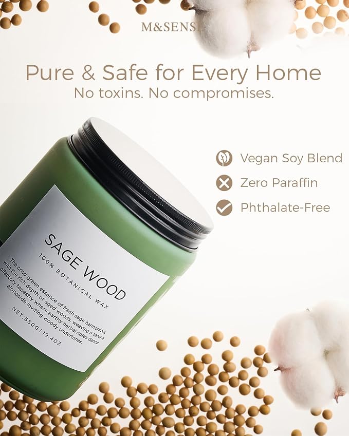 M&SENSE Sage Wood Scented Candles for Home, 19.4oz All Natural Soy Wax, 110 Hours Long Lasting, Clean Non Toxic Candle, Fresh Smelling for Relaxation Stress Relief, Fragrance Gifts for Men Women