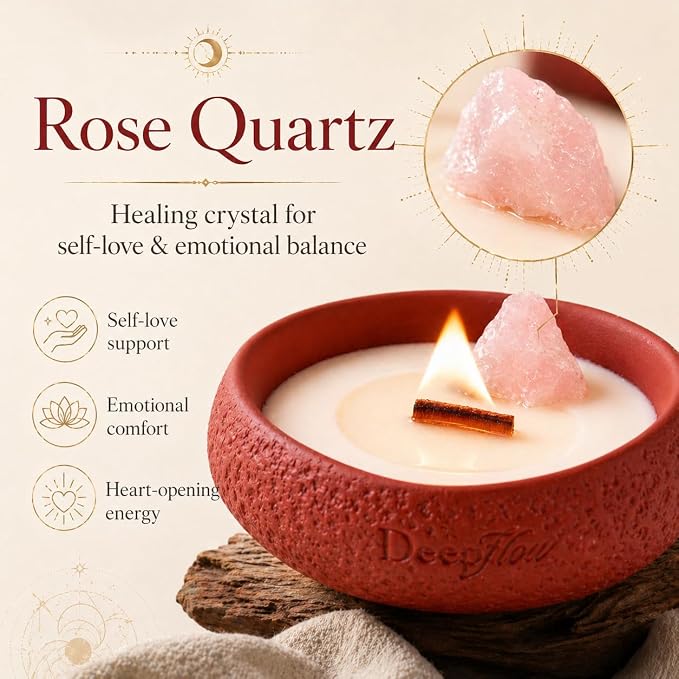 DEEP FLOW Rose Quartz Love Energy Candle - Soft Peach Floral Scent, Luxury Scented Candle with Healing Crystals for Self-Care & Romance (Nurturing Serenity)