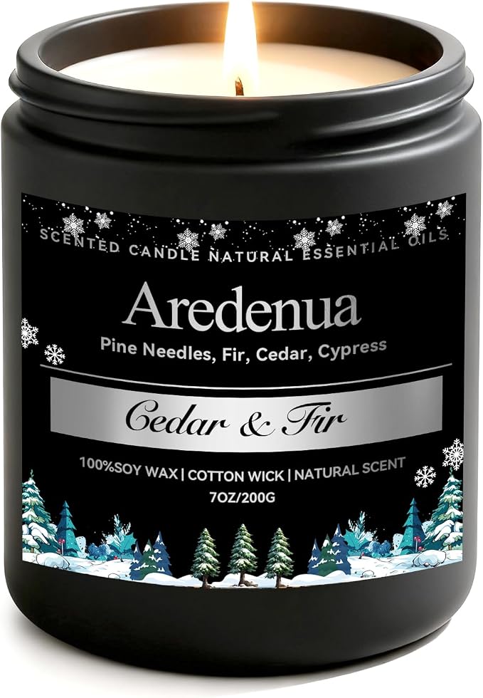 Cedar & Fir Candle – Winter Candles | Holiday Scented Candles, 7oz Jar Soy Candle for Home Scented - 50H Burn - Evergreen Forest & Fresh Pine Scent, Candles Gifts for Women & Men