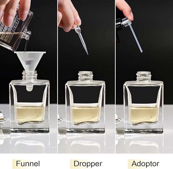 2 Pack 30ml/1 Oz Glass Spray Bottle Perfume Atomizer,Empty Travel Refillable Perfume Spray Bottle with 3 Kinds of Dispenser (Black Cap, 30ml)