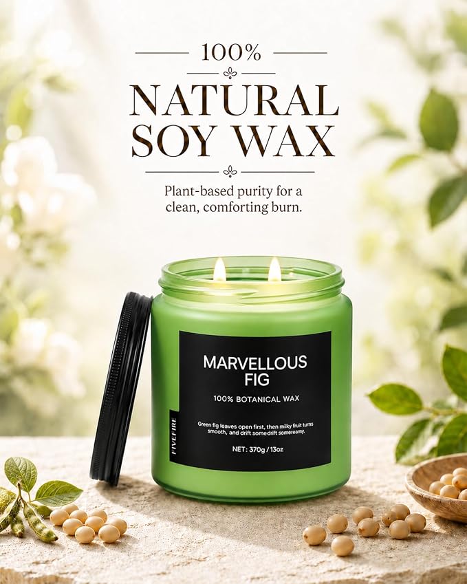 Fig Tree Home Scented Candles, 13oz Organic Soy Wax, 76-Hour Clean Burning, Natural Candles Non Toxic, Earthy & Fruity Scent for Relaxation, Aromatherapy Housewarming Candle for Men Women
