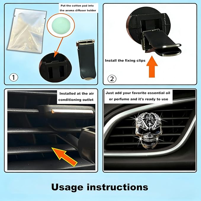 2Pcs Gothic Skull Car Vent Clip Freshener with Cotton Scent Pads | Alloy skull vent diffuser removes odors, suitable for car bathroom Halloween decorative gifts