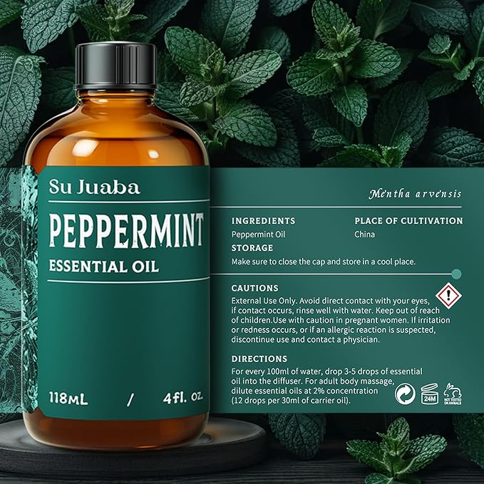 SU JUABA Peppermint Oil 4 Fl Oz, Aromatherapy Oil for Spray, Diffuser, Skin, Hair - 118ML