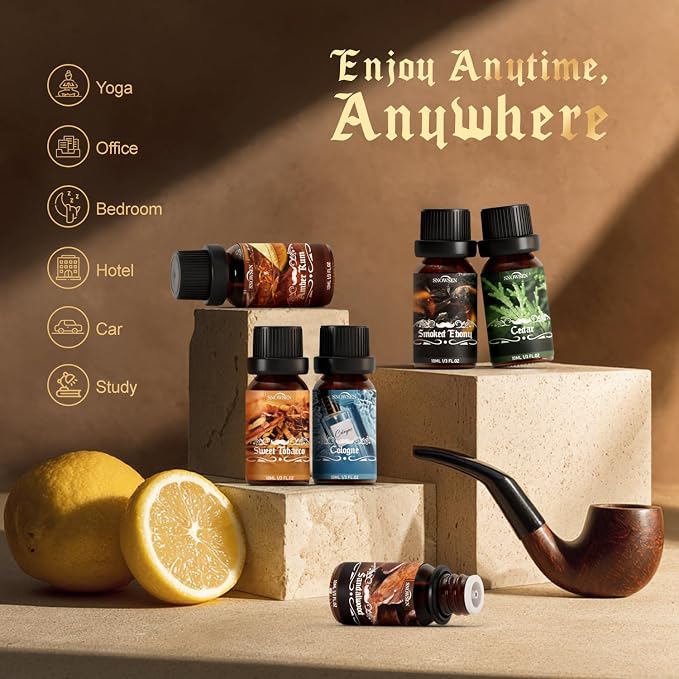 Men Diffuser Oils Gift Set for Father's Day & Birthday, SNOWSEN Gentlemen's Essential Oil for Diffuser Candles Scents & Perfume, Sandalwood, Cologne, Smoked Ebony, Amber Rum, Cedar, Sweet Tobacco